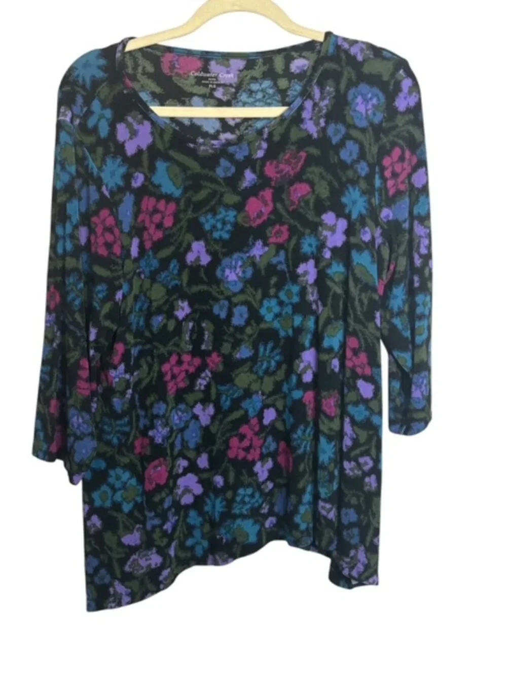 Coldwater Creek Blouse Women's Petite Large Floral‎ Knit asymmetrical hem